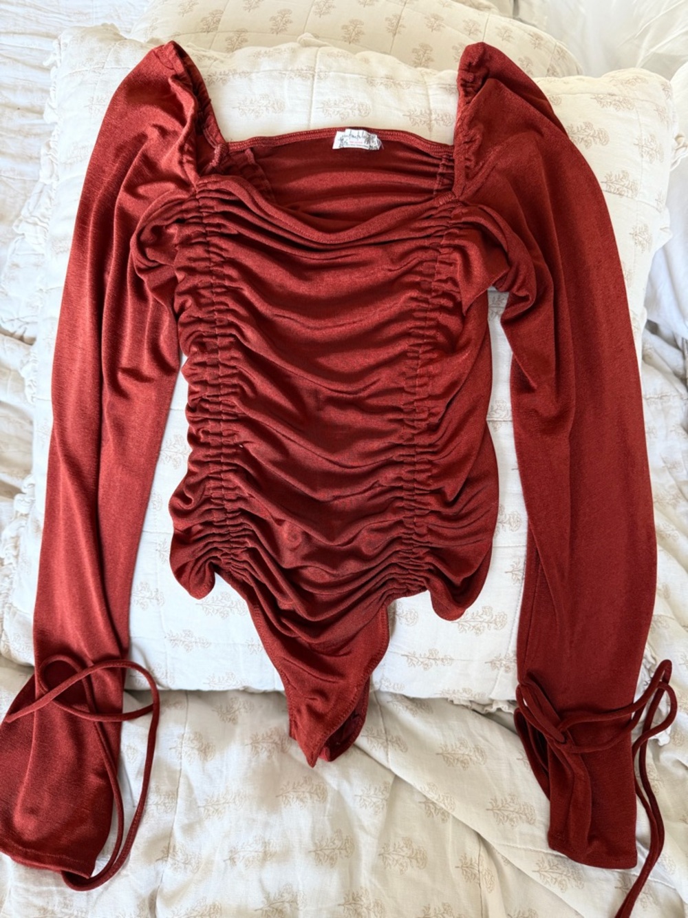 Free People Ruched Long-Sleeve bodysuit in Rust Red